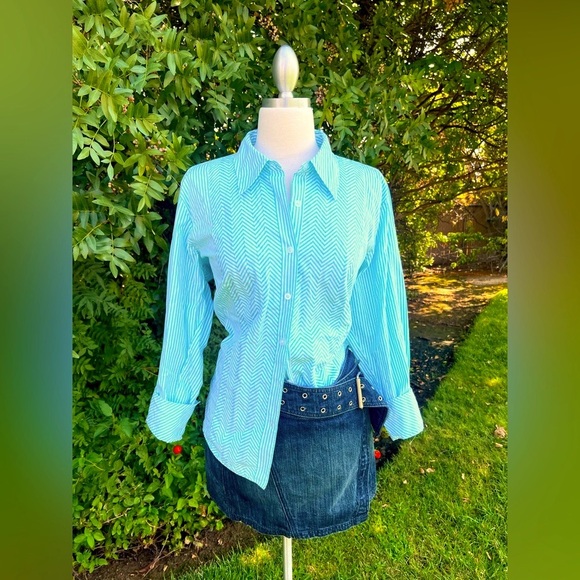 TALBOTS- Aqua Blue & White Button Down Shirt - Picture 1 of 7